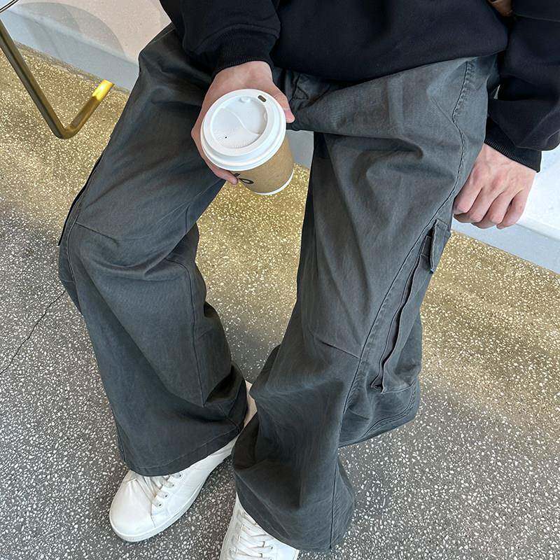 灰色水洗工装裤春秋款男生宽松直筒垂感长裤日系秋季慵懒风裤子男