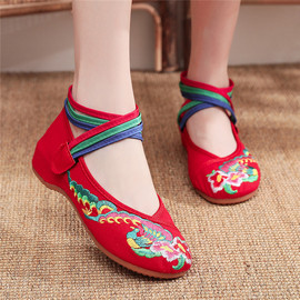 中国风彩绳系带帆布牛筋底低跟古风绣花布鞋女士单鞋休闲表演出鞋