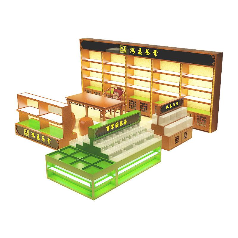 门店豪华装饰商超装修茶叶店展示架木质烤漆板烟酒展示柜产品展厅