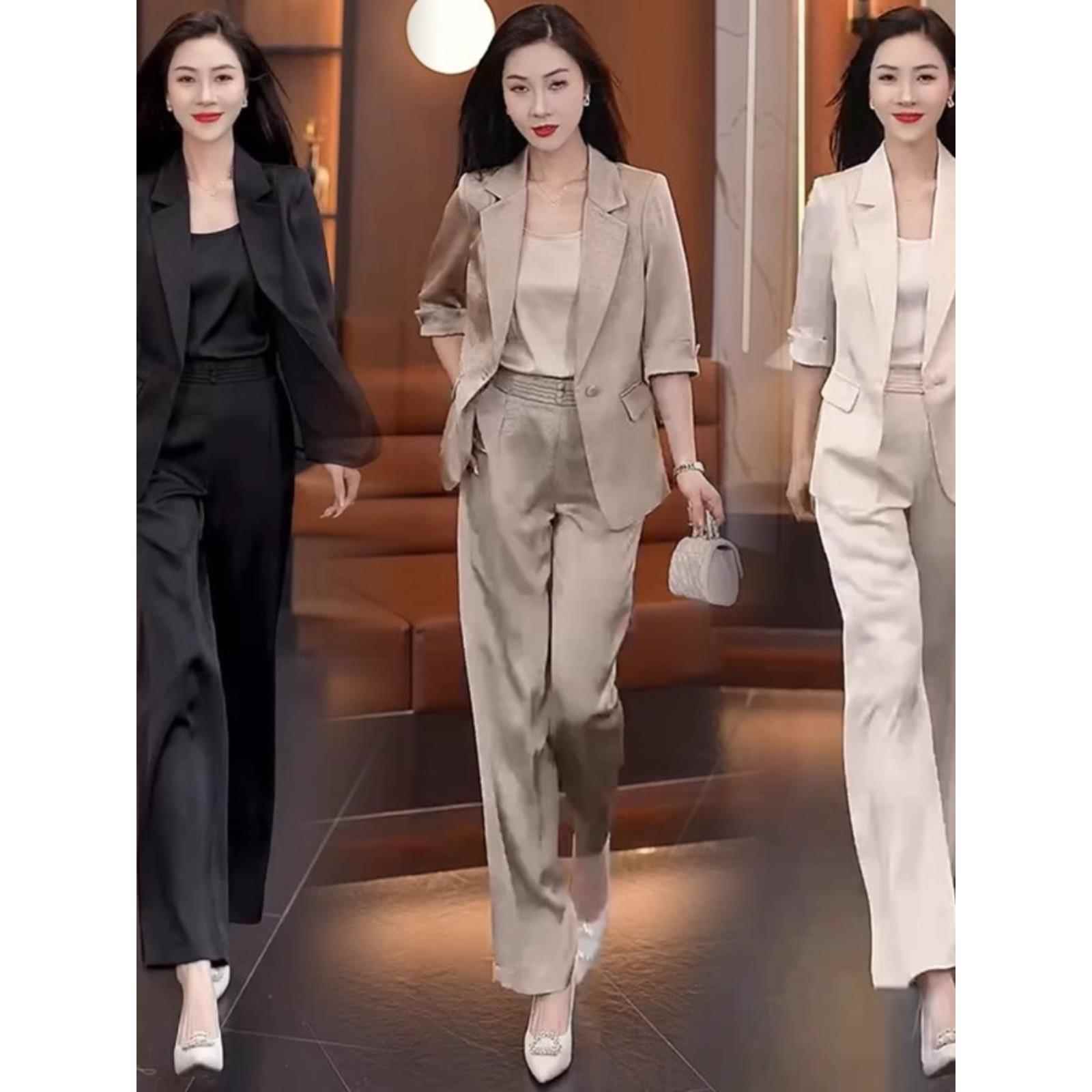 垂感阔腿裤西服套装女夏2025年夏季新款气质彷冰丝缎面西服三件套