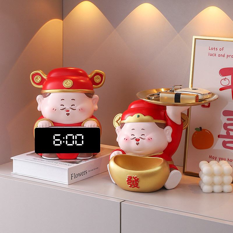 创意财神爷时钟摆件客厅电视柜桌面智能蓝牙电子钟表数字闹钟摆台