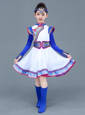 高档儿童色蒙族草原骏马蹈服装女小童白舞吉祥蒙古服筷子舞演出服