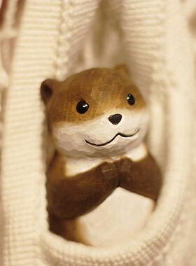 鹿妖商店 许愿水獭 祈福礼物 纯手工木雕桌面摆件 实木动物雕塑