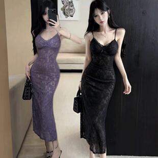 蕾丝修身吊带长裙显瘦性感夜店女装带胸垫低胸露背名媛气质连衣裙