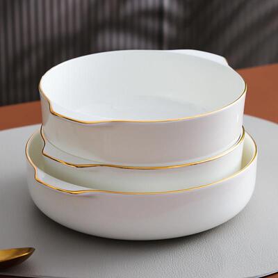 金边唐山骨瓷盘子碟子日式餐盘汤盘手柄盘创意酒店家用餐具双耳盘