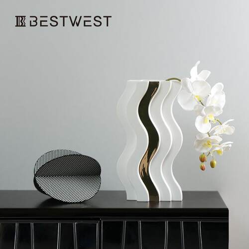 Best west 波浪形白色釉面轻奢陶瓷花瓶样板间客厅软装花器装饰品