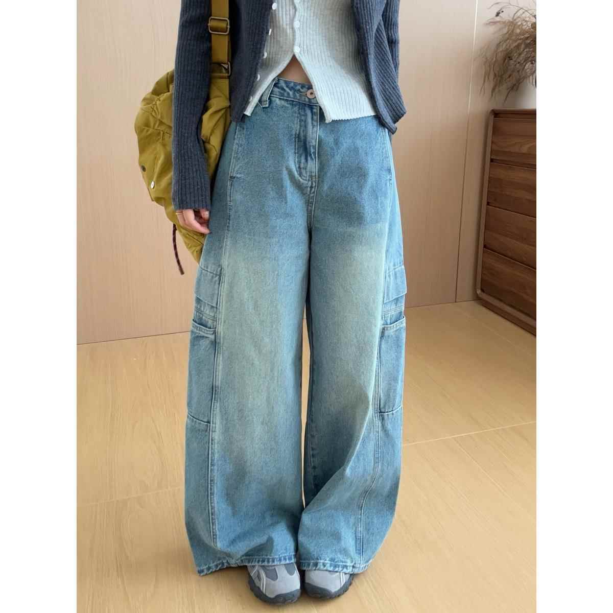 此外 水洗蓝牛仔直筒裤女2025年秋季新款慵懒阔腿长裤工装裤减龄
