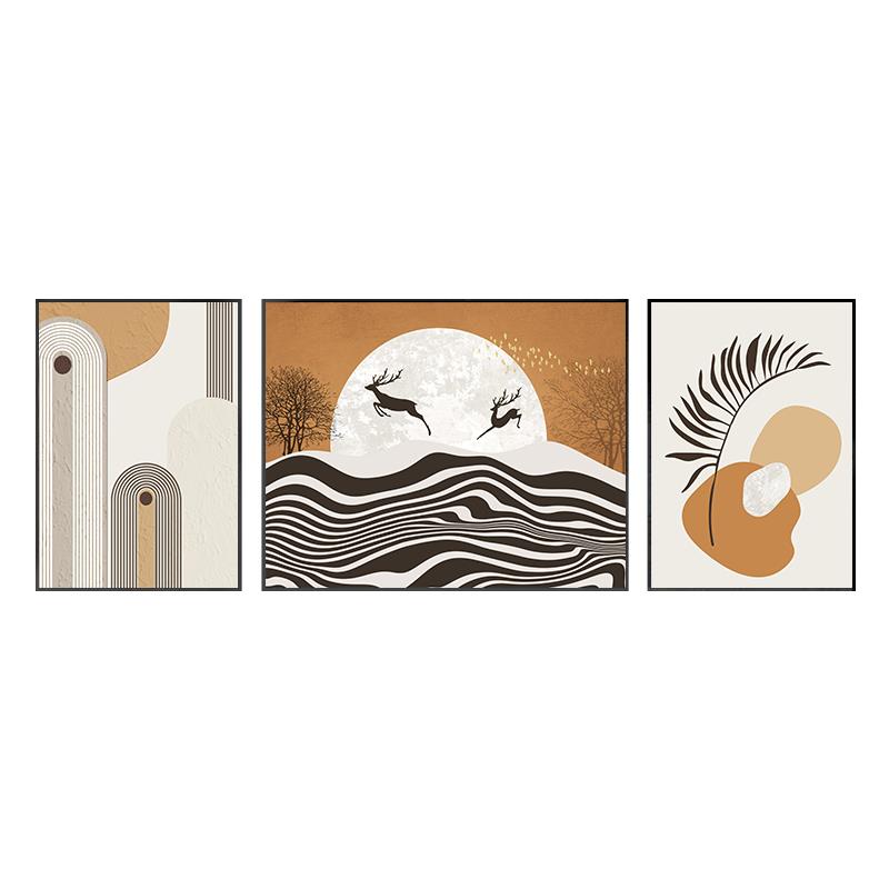 现代简约福鹿客厅装饰画三联组合沙发背景墙挂画抽象橙色线条壁画