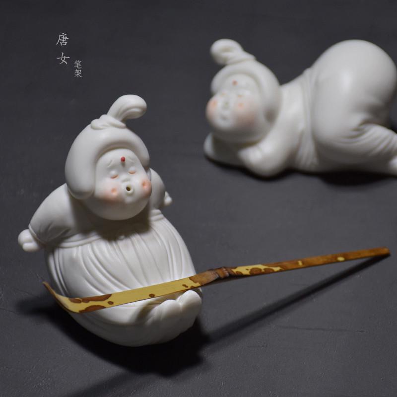 创意可爱手工陶瓷唐女文房家用用品笔架丑萌桌面摆件仕女小装饰品