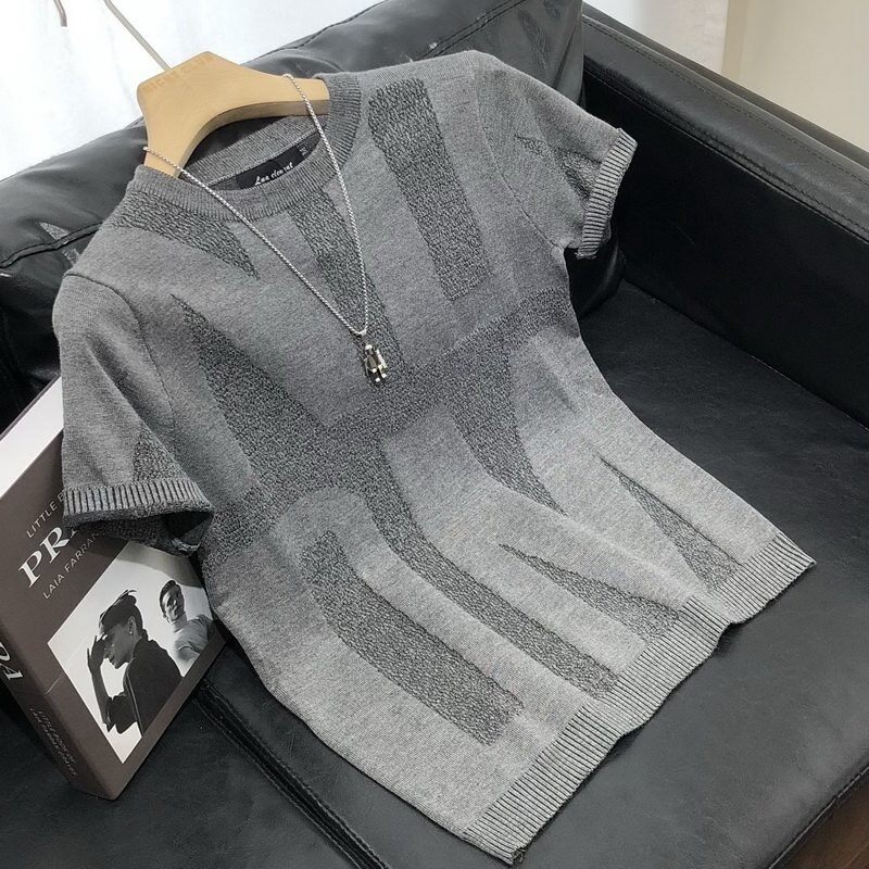 潮牌轻奢针织短袖T恤男士圆领修身春夏薄款韩版时尚青年半袖毛衣