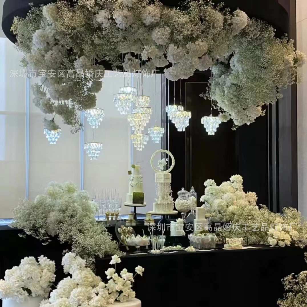 新款婚庆欧式铁艺电镀3头水晶冰块珠帘吊灯挂件婚礼装饰空中吊顶