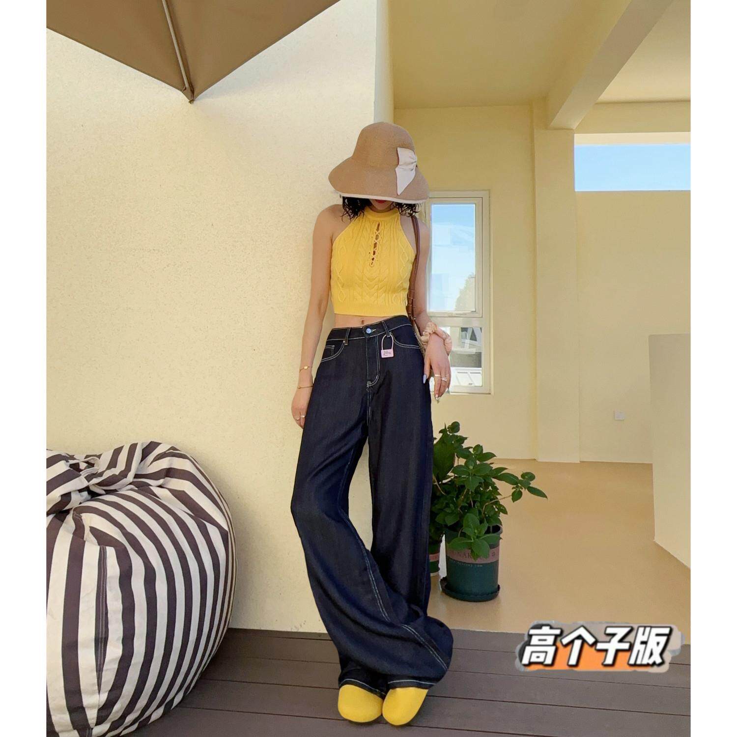 猫猫家加长女裤夏薄款裤子宽松百搭美式复古深蓝色天丝阔腿牛仔裤