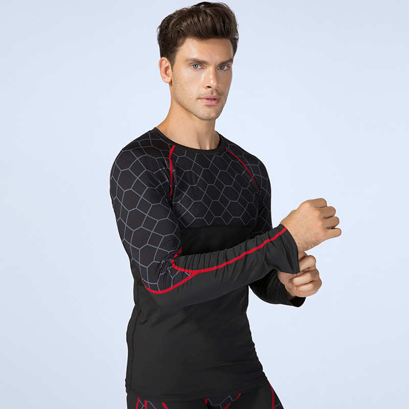 男士健身印花拼接长袖 运动跑步训练 排汗速干高弹紧身衣服4019