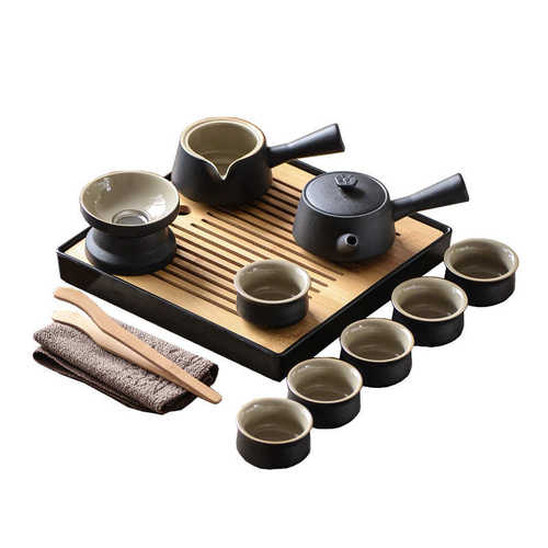日式小套功夫茶具套装家用泡茶陶瓷茶杯茶盘复古粗陶办公室会客厅