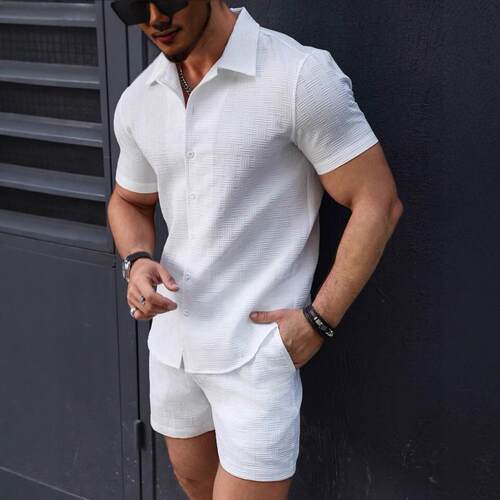Summer Beach Men Collar Jacquard Striped Sleeve Shirt Suit