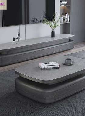 新QUN款现代椭圆形岩板茶电视组合意式几储地物柜客厅家柜用大小