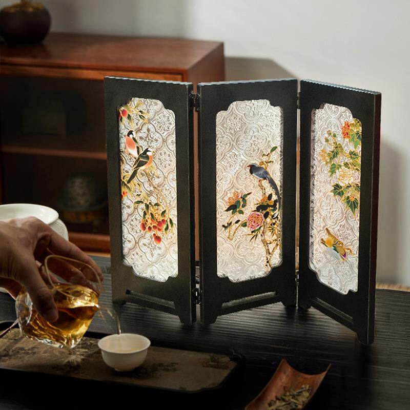 茶室桌面屏风摆件创意边柜高级感摆画喜上眉梢茶台复古折叠小屏风