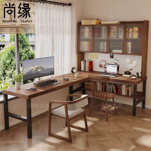 实木转角书桌书柜一体靠墙l型双人办公桌 卧室拐角电脑桌书架组合