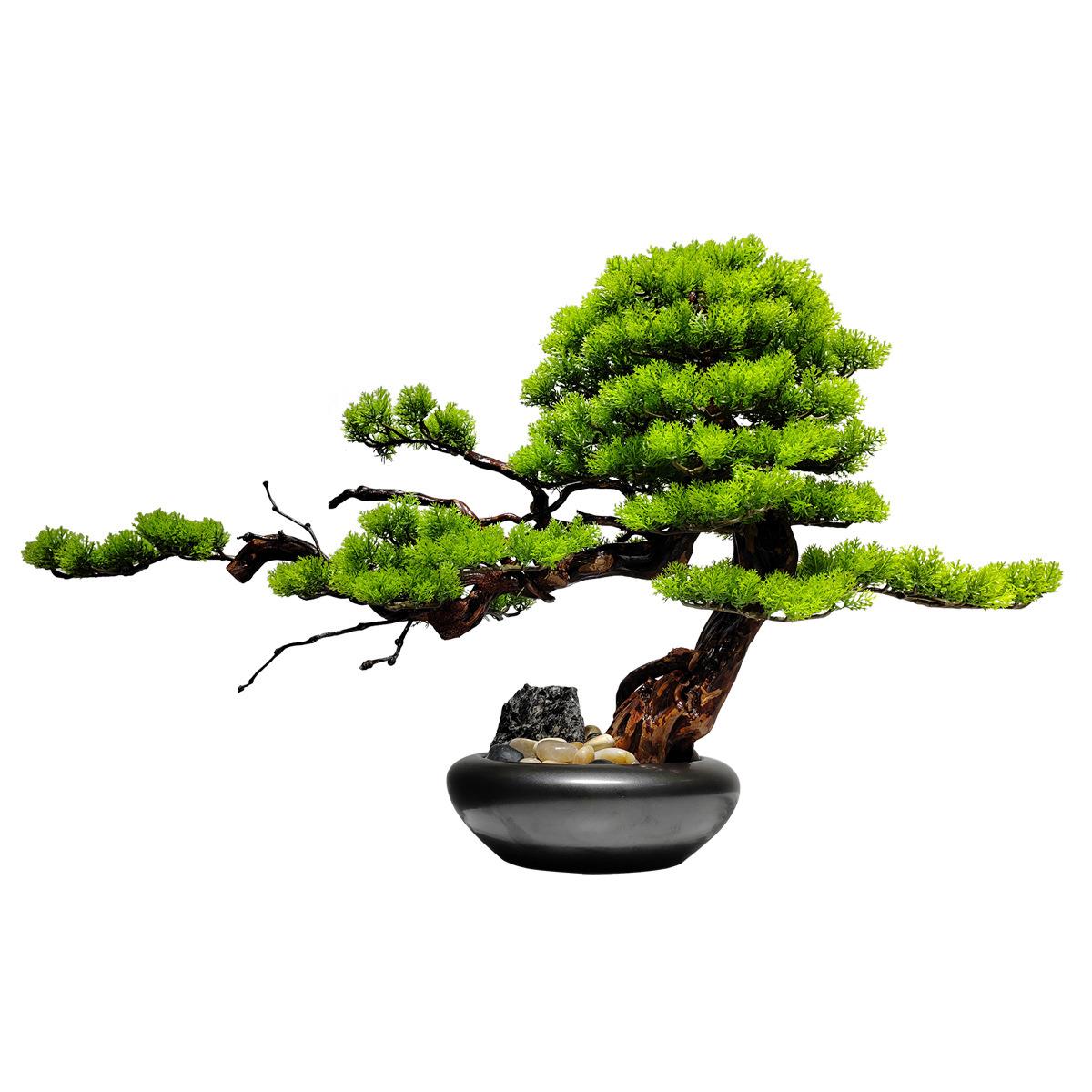 新中式仿真绿植盆景摆件酒店别墅会所迎客松杜鹃根仿真松叶装饰品