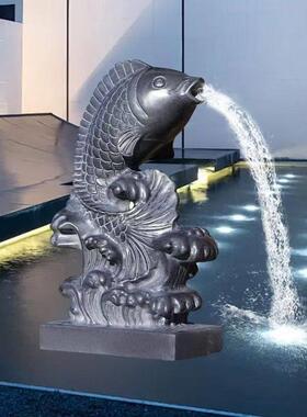 石雕石青石吐水鱼喷水鱼园林景观流水摆件财富墙鱼塘户外装饰