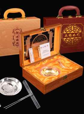 厂家皮盒银碗三件套镀银 五福临门木盒银碗三件套银碗六件套
