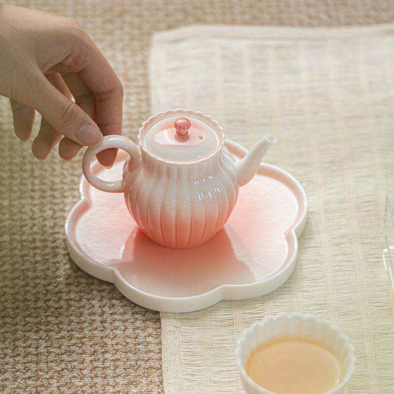 弥西瓜红言渐变菊瓣壶用简约现茶代茶壶手工陶瓷泡家茶壶功西瓜红