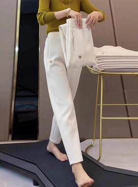 米白色九分哈伦裤女时尚春春秋季新款高腰空气棉女裤萝卜休闲裤子