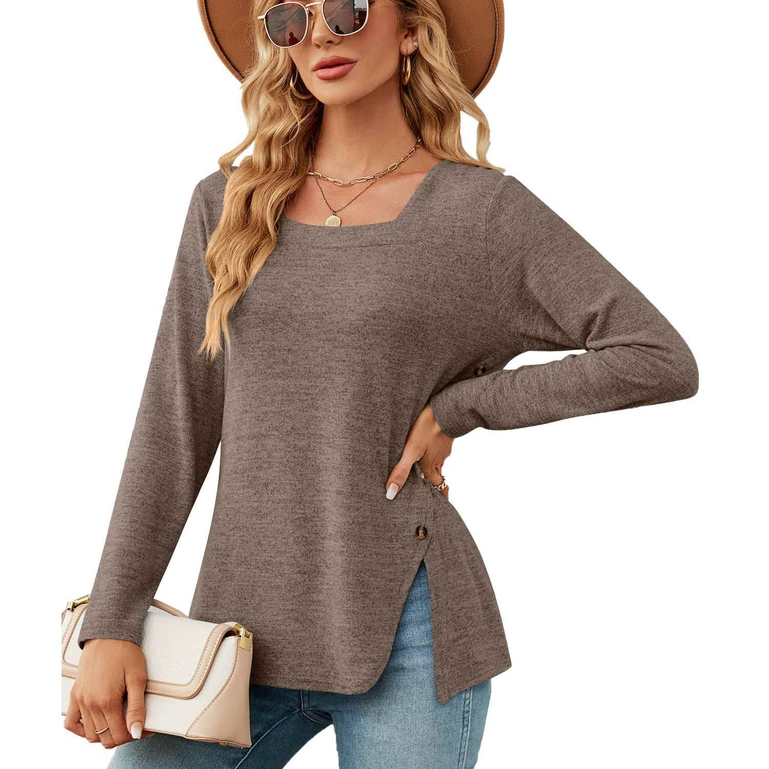women for top T-shirt sleeve long loose slit button collar