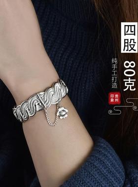 高档纯足银开999手镯制订做扁款麻花古风口青定丝环老式工艺饰品