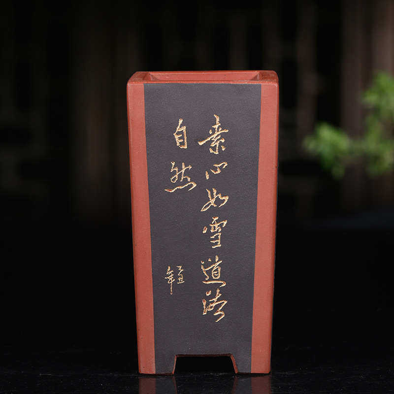 紫砂花盆精品签筒悬崖文竹老庄兰花盆刻绘古红泥园艺桌面绿植