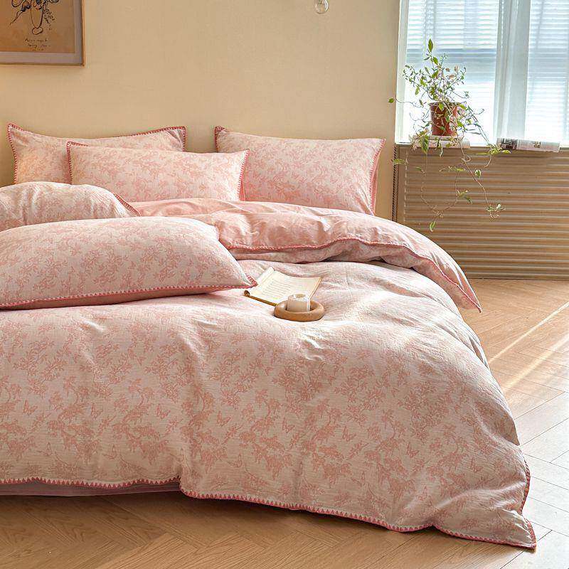 复古花卉全棉水洗棉提花床上四件套100纯棉1.5m1.8米被套床