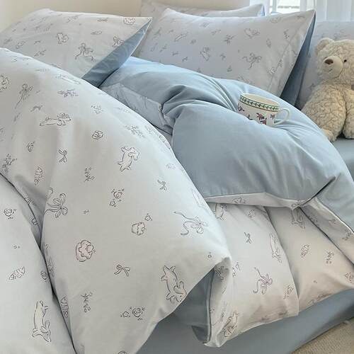 小清新全棉床上四件套纯棉少女心蓝色被套床单学生宿舍床品三件套