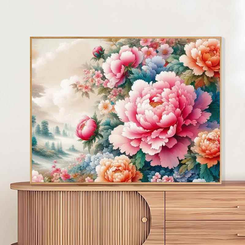 新中式装饰画diy数字油画牡丹花卉填充油彩画填色丙烯画手工礼物图片