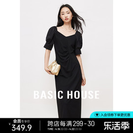 Basic House/百家好泡泡袖黑色连衣裙女2024春季高级感v领小黑裙