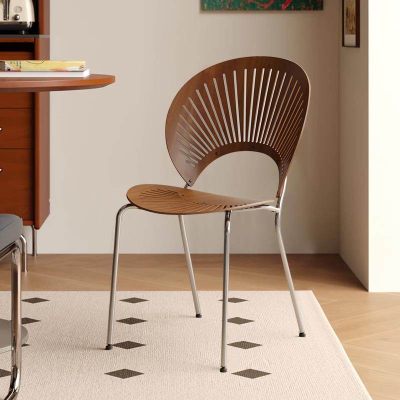 北欧家用餐椅实木贝壳椅中古椅子靠背现代简约覆古胡桃木色餐桌椅