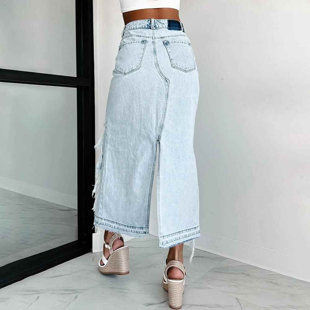 skirt hip slit denim washed old ripped edge raw irregular