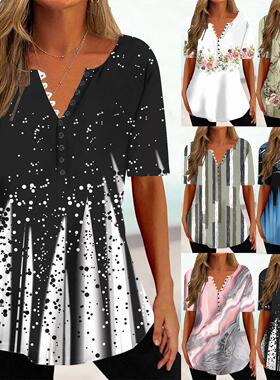 Women's printed collar short sleeved shirt short sleeved