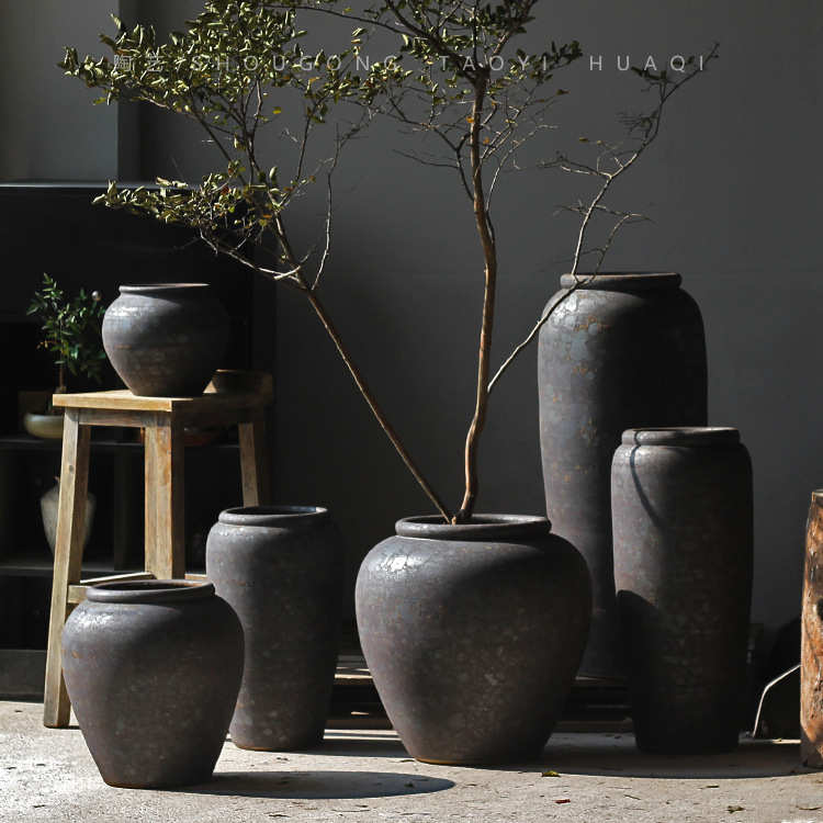 茶楼酒店陶罐花瓶荷花手工庭院宿日式陶瓷民摆件落地坛子缸粗复古