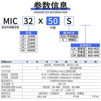 气动气缓冲不锈钢迷你气缸MIC16/20/25/32/40-25X50X75X100-SCA