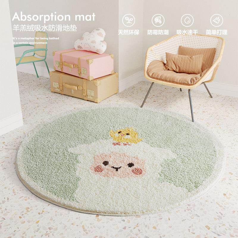 卡通可爱客厅儿童房圆形地垫卧室书房小地毯撸猫感防摔羊羔绒垫子