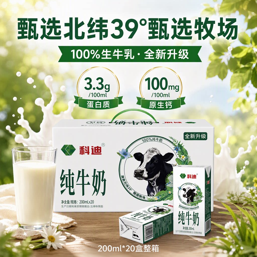 科迪纯牛奶200ml*20盒装100%生牛乳3.3g蛋白原生钙学生儿童早餐奶