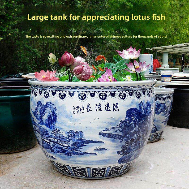 景德镇陶瓷鱼缸养鱼睡莲荷花锅庭院室外寺庙特大型蓝白门海风水缸