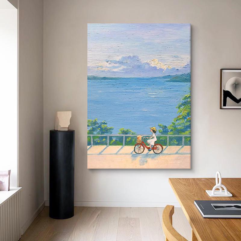 治愈系海边风景装饰画玄关手绘油画客厅骑行女孩肌理画儿童房挂画图片