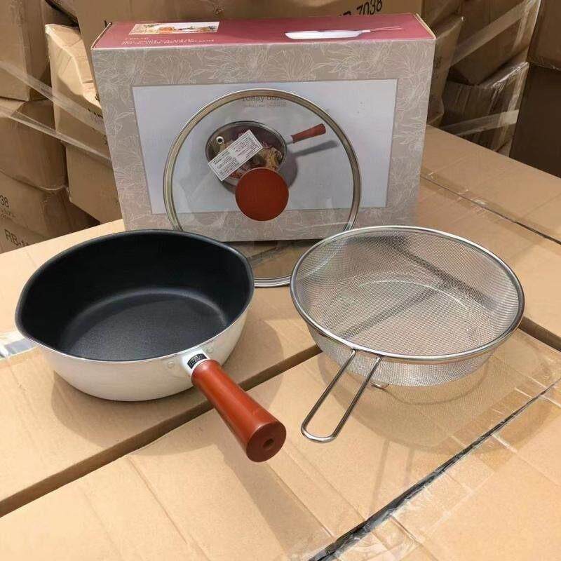 出日本多功能深煎锅炒锅带滤网平底不粘锅燃气电磁炉通用22 24cm