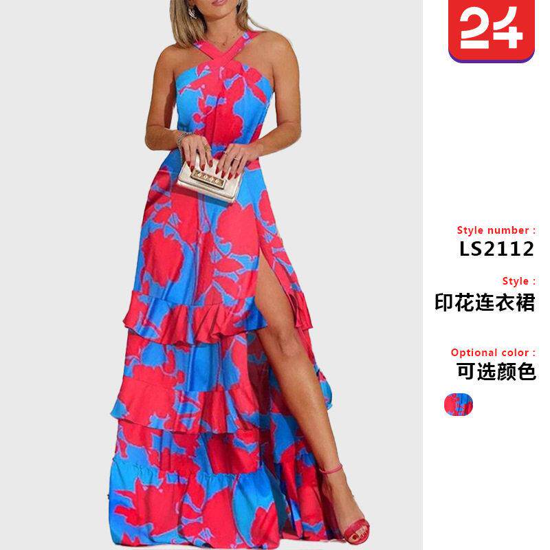 2025欧美夏季新吊带连衣裙波西米亚礼服亚马逊印花V领无袖连衣裙