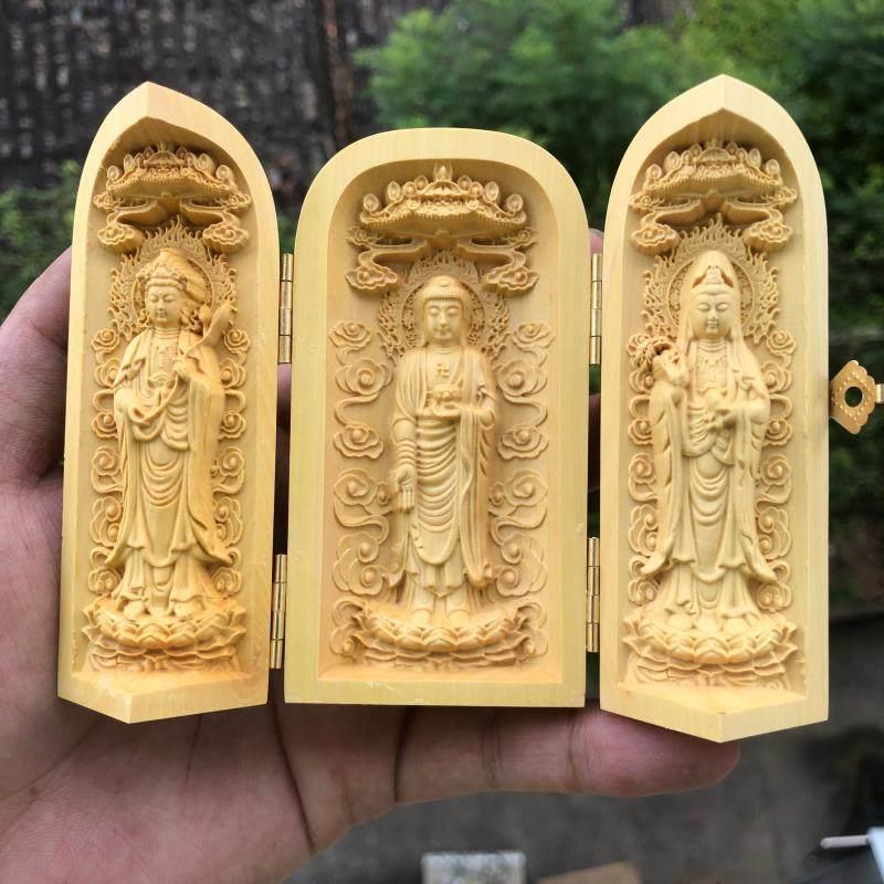 黄杨木雕刻随身佛像三开 盒西方三圣婆娑三圣自在观音妈祖大日如