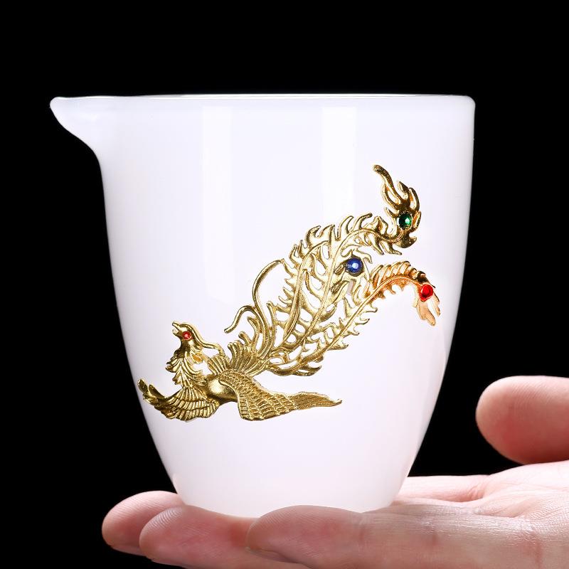 金凤公道杯琉璃金镶玉家用高档盖碗茶杯功夫泡茶碗品茗杯茶具送礼