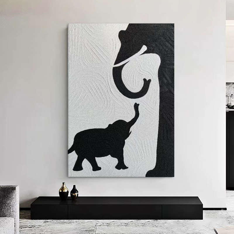 现代简约手绘油画玄关装饰画子母象立体肌理画黑白色客厅抽象挂画图片