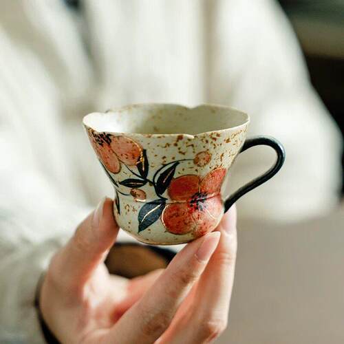 青花火石红纯手绘桃花主人杯把杯高档家用新中式茶杯功夫茶具