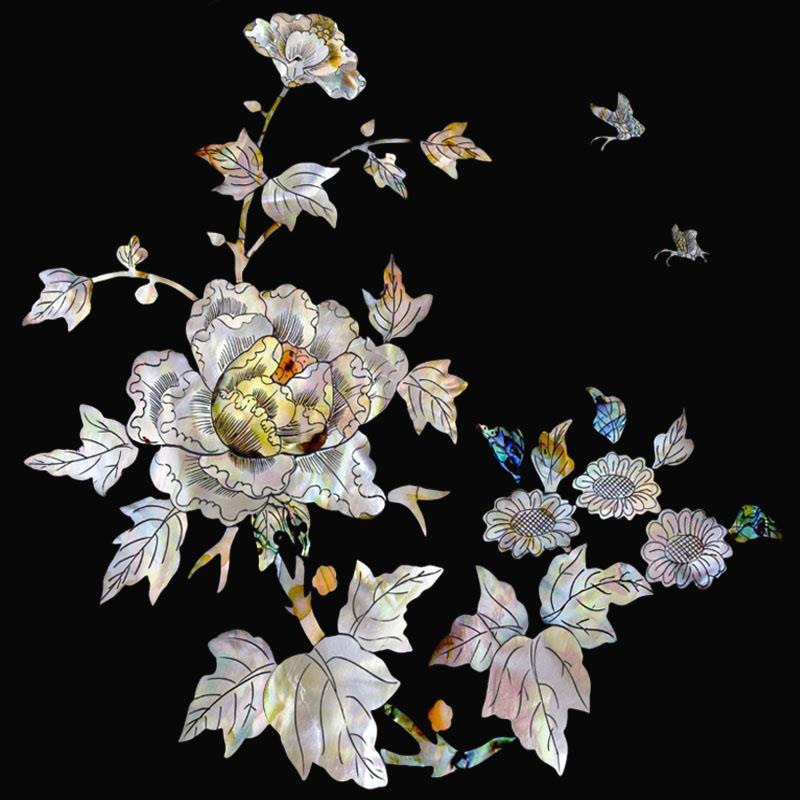 水移画仿螺钿鸳鸯花鸟家具乐器装饰画古筝鼓凳水转印中式贝壳贴纸